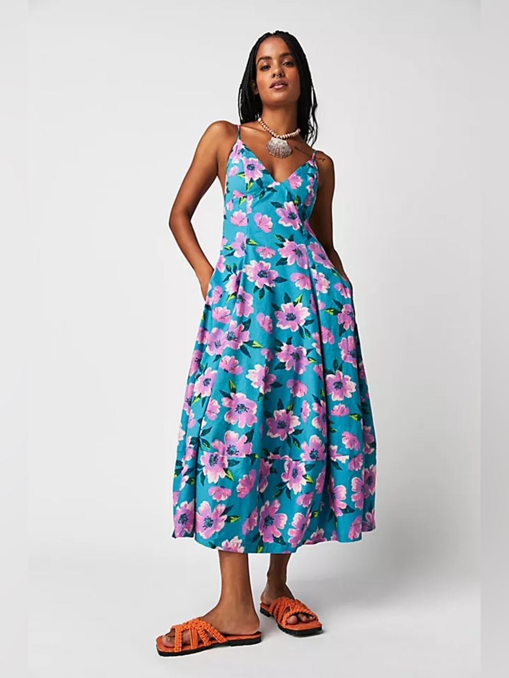 Free People Finer Things Midi Dress Teal Pink Floral Strappy Back M